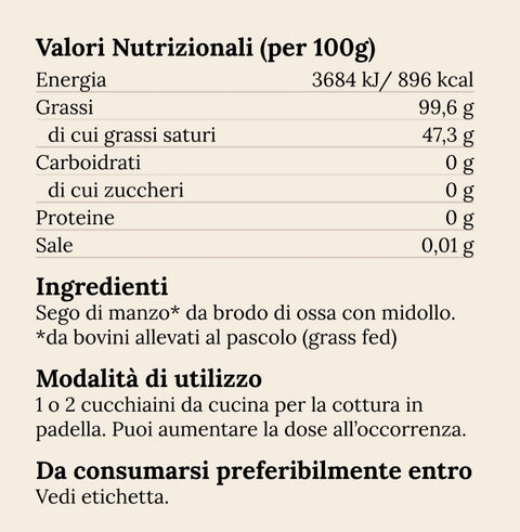 tallow imperiale sego bovino da brodo di ossa con midollo grass fed - valori nutrizionali