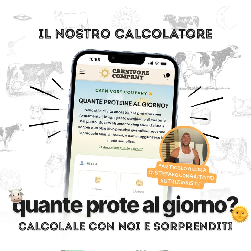 Schermata del Calcolatore di Proteine Carnivore Company su smartphone con testo 'Quante proteine al giorno?' e selezione sesso uomo/donna, con illustrazioni di mucche sullo sfondo