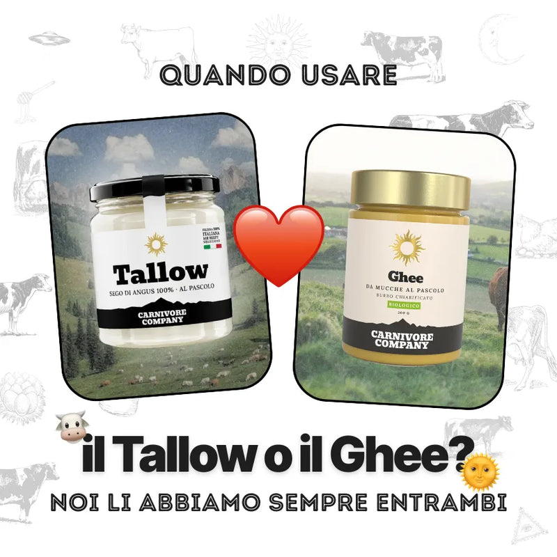 Barattolo di Tallow sego di Angus 100% al pascolo e barattolo di Ghee biologico burro chiarificato da mucche al pascolo Carnivore Company, affiancati con cuore rosso: guida su quando usare il tallow e quando usare il ghee
