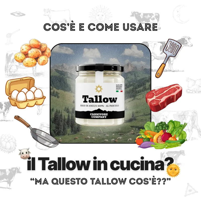 tallow-italiano-barattolo-vetro-sego-bovino-da-mucche-al-pascolo · tallow-in-padella-bistecca-rosolatura