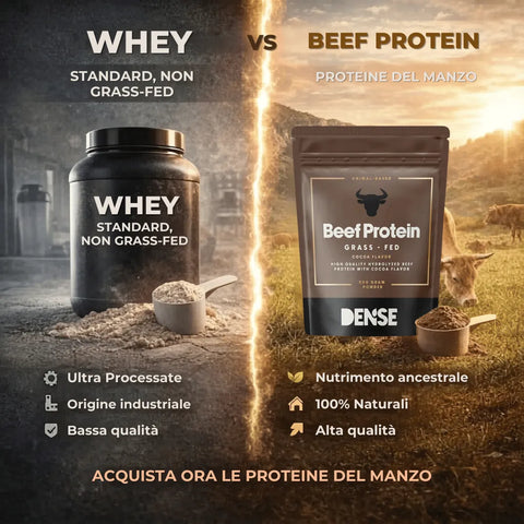 Confronto visivo tra Whey standard non grass-fed in barattolo nero e Beef Protein grass-fed Carnivore Company in busta marrone al cacao, con polvere proteica e cucchiaio dosatore su sfondo industriale vs pascolo naturale