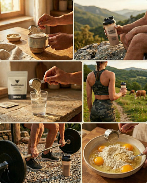 Collage d'uso della beef protein grass fed: polvere sciolta in tazza, shaker all'aperto, donna atletica con mucche al pascolo