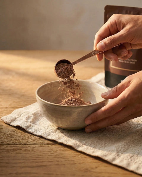 Mani versano proteine della carne grass fed in polvere con misurino in acciaio inox in una ciotola ceramica su tavolo in legno