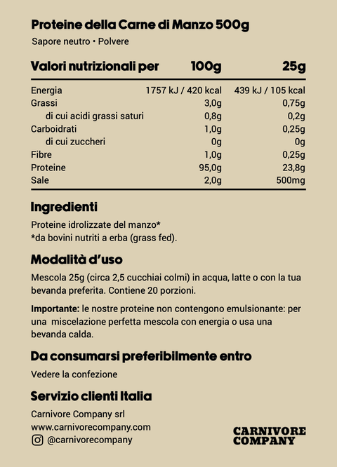 Valori nutrizionali: proteine del manzo grass fed neutre 100% pure