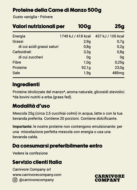 Valori nutrizionali: proteine del manzo grass fed vaniglia