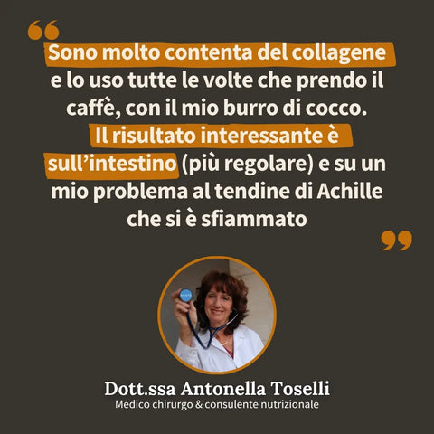 Dott.ssa Antonella Toselli, medico chirurgo e consulente nutrizionale in camice bianco con stetoscopio, testimonia i benefici del collagene animal based su intestino e tendine di Achille