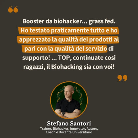 Testimonianza di Stefano Santori, trainer biohacker e docente universitario, sugli integratori grass fed Carnivore Company: 'Ho testato praticamente tutto e ho apprezzato la qualità dei prodotti al pari con la qualità del servizio'