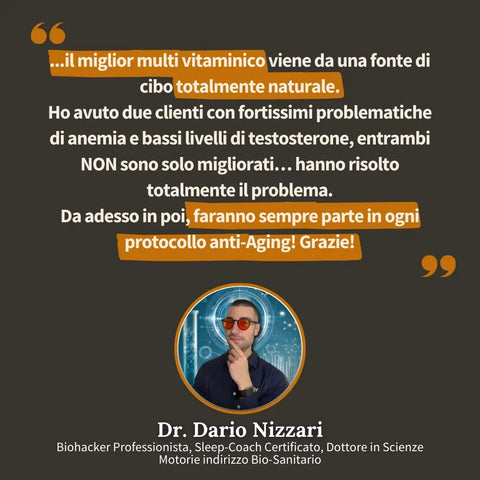 Testimonianza del Dr. Dario Nizzari, biohacker e dottore in scienze motorie, che consiglia il multivitaminico naturale animal-based di Carnivore Company per risolvere anemia e bassi livelli di testosterone nel protocollo anti-aging