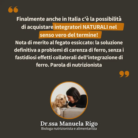 Testimonianza della Dr.ssa Manuela Rigo, biologa nutrizionista, che consiglia il fegato essiccato come integratore naturale contro la carenza di ferro, senza effetti collaterali