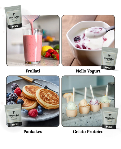 Quattro ricette con proteine Whey grass fed: frullato di fragole, yogurt con frutti di bosco, pancake con frutti di bosco e gelato in coppette.