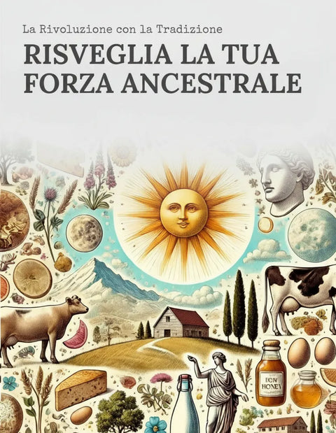Manifesto illustrato 'Risveglia la Tua Forza Ancestrale' con sole antropomorfo, mucche al pascolo, statua classica, miele, uova, latte e alimenti ancestrali in stile vintage botanico