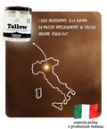 Barattolo di Tallow Carnivore Company sego di Angus 100% al pascolo con mappa dell'Italia e bandiera italiana: materia prima e produzione in Italia 100%