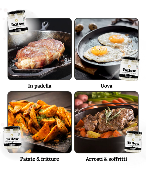 Tallow italiano Carnivore Company: quattro modi d'uso in cucina — bistecca in padella di ghisa, uova fritte croccanti, patate wedges arrostite con rosmarino e arrosto di manzo con carote e sedano