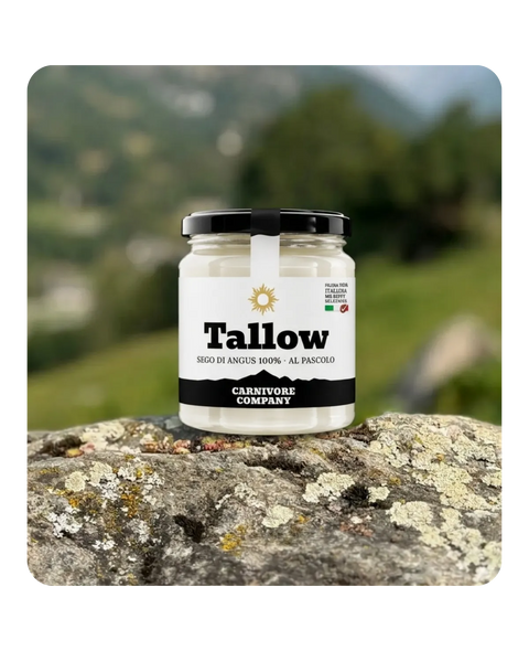 Barattolo di vetro con tappo nero di Tallow - sego di Angus 100% al pascolo di Carnivore Company, posato su roccia con licheni e sfondo verde montagna
