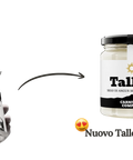 Confronto vecchio e nuovo tallow italiano Carnivore Company: a sinistra barattolo in bianco e nero con etichetta Tallow Imperiale grass fed tenuto in mano, a destra nuovo barattolo in vetro con sego di Angus 100% al pascolo filiera italiana