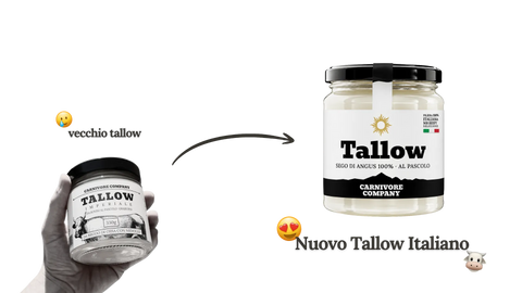 Confronto vecchio e nuovo tallow italiano Carnivore Company: a sinistra barattolo in bianco e nero con etichetta Tallow Imperiale grass fed tenuto in mano, a destra nuovo barattolo in vetro con sego di Angus 100% al pascolo filiera italiana