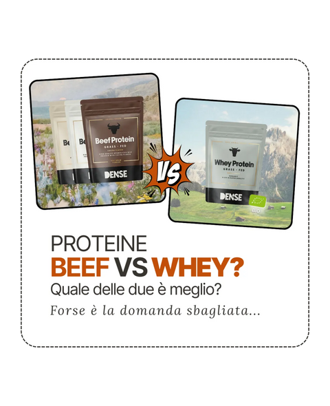Confronto tra proteine beef e whey grass fed Carnivore Company con sfondo alpino